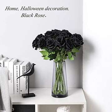 Laelfe 12 PCS Artificial Flowers Black Roses, Fake Silk Flower Long Stem Artificial Black Rose for Halloween Home Wedding Party Decorations(Black)