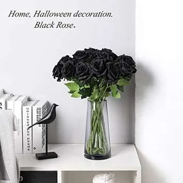 Laelfe 12 PCS Artificial Flowers Black Roses, Fake Silk Flower Long Stem Artificial Black Rose for Halloween Home Wedding Party Decorations(Black)