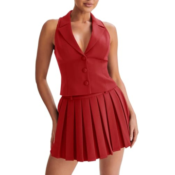 Cicy Bell Womens Summer 2 Piece Outfits V Neck Blazer Vest Matching Sets and Mini Pleated Skirts Red