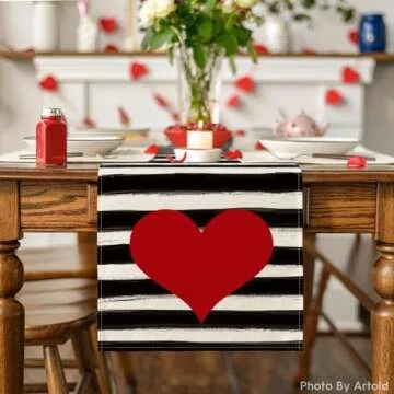 Artoid Mode Watercolor Stripes Love Heart Valentine's Day Table Runner, Anniversary Kitchen Dining T...