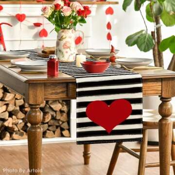 Artoid Mode Watercolor Stripes Love Heart Valentine's Day Table Runner, Anniversary Kitchen Dining Table Decoration for Home Party Decor 13x72 Inch