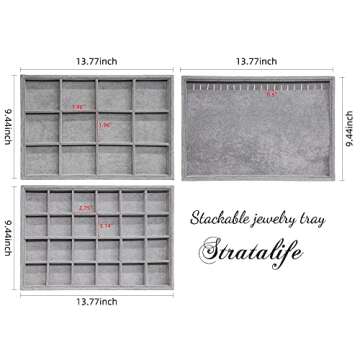 Stratalife Set of 3 Stackable Jewelry Tray Jewelry Organizer Tray Earring Display Trays Drawer Jewelry Organizer Tray Removable Jewelry Drawer Organizer Inserts Accessary Storage Grey