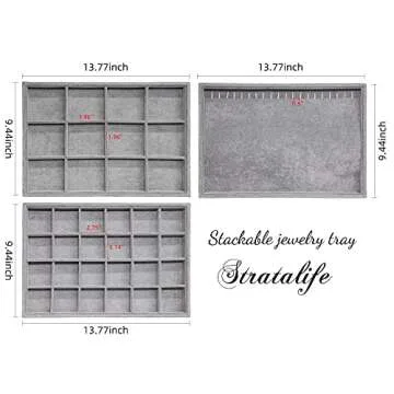 Stratalife Set of 3 Stackable Jewelry Tray Jewelry Organizer Tray Earring Display Trays Drawer Jewelry Organizer Tray Removable Jewelry Drawer Organizer Inserts Accessary Storage Grey