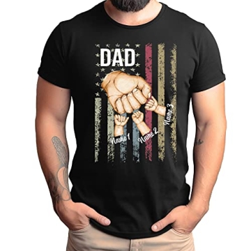 Personalized Best Dad Ever T-Shirt with Kids Name, Custom Dad Grandpa American Flag Shirt, Fist Bump...