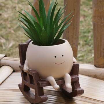 NINIPAPA Face Planter Pots Cute Smile Flower Planter for Indoor Outdoor Plants Resin Rocking Chair Succulent Pot for String of Pearls Unique Gift on Mother's Day, Birthday, Christmas（Small）