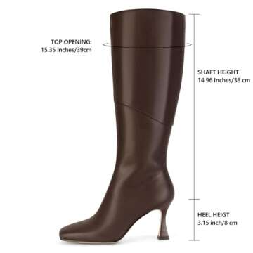 DOEYG Brown Leather Knee High Boots for Women Kitten Heel Tall Boots Square Toe Stiletto Heels Heele...
