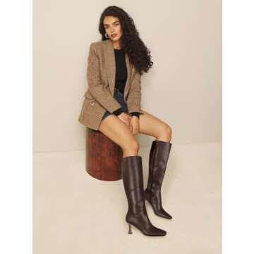 DOEYG Brown Leather Knee High Boots for Women Kitten Heel Tall Boots Square Toe Stiletto Heels Heeled Boots Dressy Fashion Long Boots Side Zipper Size 7