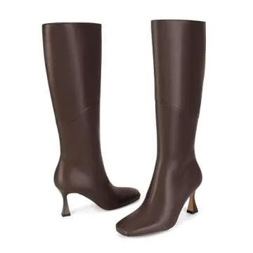 DOEYG Brown Leather Knee High Boots for Women Kitten Heel Tall Boots Square Toe Stiletto Heels Heeled Boots Dressy Fashion Long Boots Side Zipper Size 7