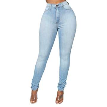 KUNMI Womens Classic High Waisted Skinny Stretch Butt Lifting Jeans Slim Fit Denim Pants Light Blue
