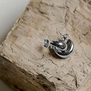 PAVOI Rhodium Plated 925 Sterling Silver Posts Thick Dome Huggie Earrings for Women | Small Wide Round Hoop Earrings