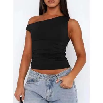 CALEBGAR Off The Shoulder Tops for Women Sleeveless Asymmetrical Going Out Shirts Slim Fit Ruched Crop Tank Tops Y2K Trendy 2024 Tight Tops Black S