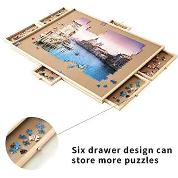 Oliqa 1000 Piece Wooden Puzzle Table-Smooth Fiberboard Work Surface - Six Sliding Drawers Complete This Puzzle Storage System