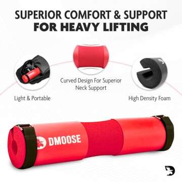 DMoose Barbell Pad, Hip Thrust Pad for Squats, Lunges - Relief Pressure from Neck, Shoulder, Lower Back Support for Women - Standard & Olympic Non-Slip EVA Foam Squat Pad with Safety Straps ("Red")