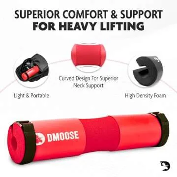 DMoose Barbell Pad, Hip Thrust Pad for Squats, Lunges - Relief Pressure from Neck, Shoulder, Lower Back Support for Women - Standard & Olympic Non-Slip EVA Foam Squat Pad with Safety Straps ("Red")
