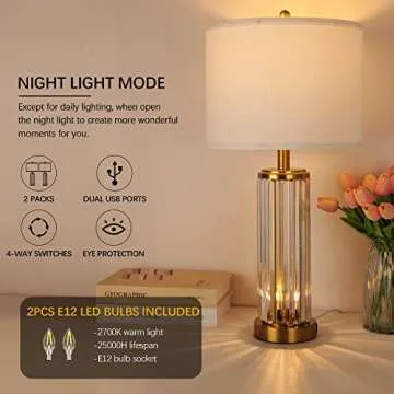 QiMH Gold Table Lamps for Bedroom Set of 2 with Nightlight, Modern Bedside Lamp with 2 USB A+C Charg...