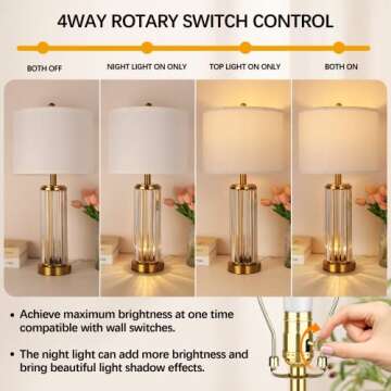 QiMH Gold Table Lamps for Bedroom Set of 2 with Nightlight, Modern Bedside Lamp with 2 USB A+C Charging Port, Clear Nightstand Lamp for Living Room White Shade Home Light Decor(LED Bulbs Included)