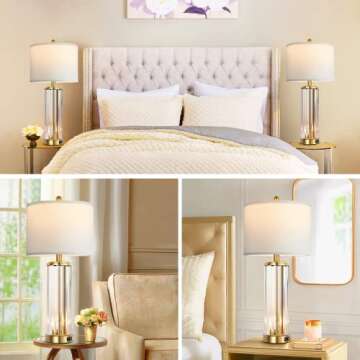 QiMH Gold Table Lamps for Bedroom Set of 2 with Nightlight, Modern Bedside Lamp with 2 USB A+C Charging Port, Clear Nightstand Lamp for Living Room White Shade Home Light Decor(LED Bulbs Included)