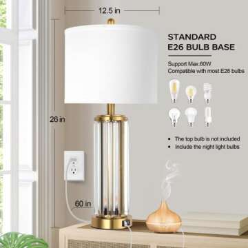 QiMH Gold Table Lamps for Bedroom Set of 2 with Nightlight, Modern Bedside Lamp with 2 USB A+C Charging Port, Clear Nightstand Lamp for Living Room White Shade Home Light Decor(LED Bulbs Included)