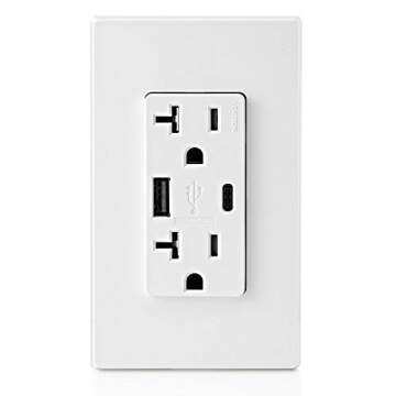 Leviton T5833-W Type A & Type-C USB In-Wall Charger with 20A Tamper-Resistant Outlet, USB Charger for Smartphones and Tablets. Not for Laptops, White
