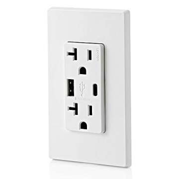 Leviton T5833-W Type A & Type-C USB In-Wall Charger with 20A Tamper-Resistant Outlet, USB Charger for Smartphones and Tablets. Not for Laptops, White