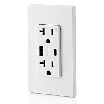 Leviton T5833-W Type A & Type-C USB In-Wall Charger with 20A Tamper-Resistant Outlet, USB Charger for Smartphones and Tablets. Not for Laptops, White