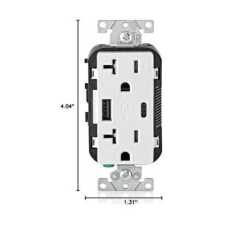 Leviton T5833-W Type A & Type-C USB In-Wall Charger with 20A Tamper-Resistant Outlet, USB Charger for Smartphones and Tablets. Not for Laptops, White