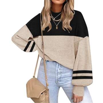 ETCYY Womens Sweaters Fall 2025 Batwing Long Sleeve Side Slit Knit Tops Crew Neck Striped Oversized ...
