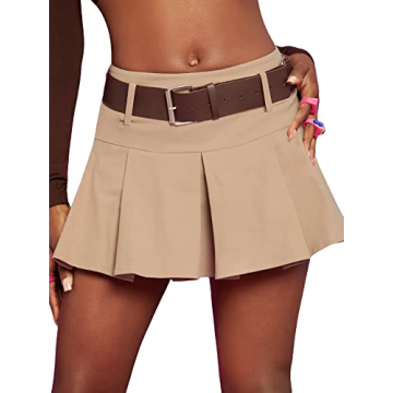 WDIRARA Women's Sexy Low Waist Pleated Mini Skirt with Belt - Perfect for Parties & Daily Wear