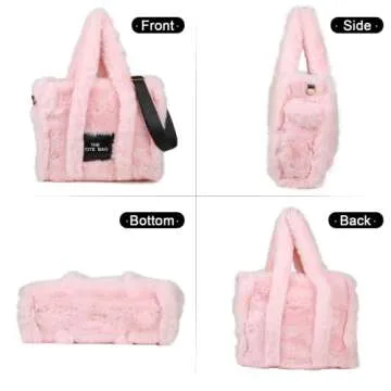 JQAliMOVV Fluffy Tote Bag Winter Furry Purse for Women Faux Fur Bag Soft Fuzzy Purse Plush Crossbody Handbags (Pink)