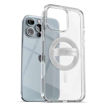 ENCASED Magnetic Case with Grip for iPhone 16 PRO (2024) Compatible with MagSafe | Includes Removable Phone Holder Silicone Loop (Crystal Clear)
