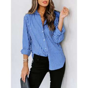 siliteelon Womens Button Down Shirts Cotton Striped Dress Shirt Long Sleeve Collared Office Work Blouses Tops - Blue Striped S