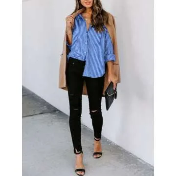 siliteelon Womens Button Down Shirts Cotton Striped Dress Shirt Long Sleeve Collared Office Work Blouses Tops - Blue Striped S