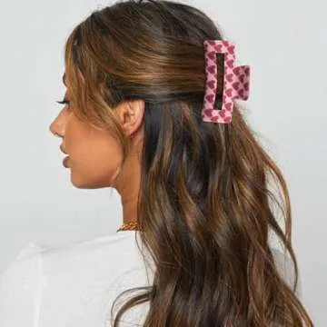 Paderison 2Pcs Checkered Rectangle Multicolored Hair Claw - Strong Hold Y Hair Accessories for Thin and Thick Hair (Red Pink)