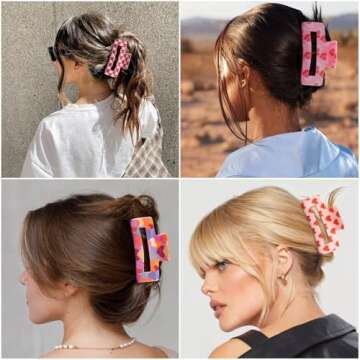 Paderison 2Pcs Checkered Rectangle Multicolored Hair Claw - Strong Hold Y Hair Accessories for Thin and Thick Hair (Red Pink)