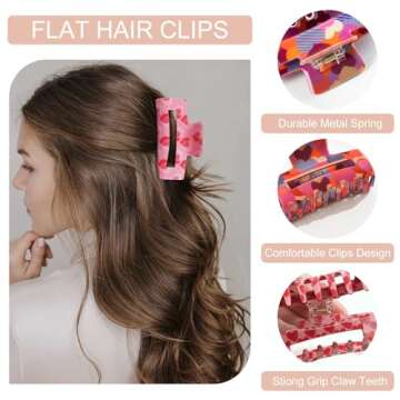 Paderison 2Pcs Checkered Rectangle Multicolored Hair Claw - Strong Hold Y Hair Accessories for Thin and Thick Hair (Red Pink)