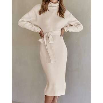 ZESICA Women's Turtleneck Sweater Midi Dress Long Sleeve Ribbed Knit Bodycon Slit Dress with Belt,Apricot,Small