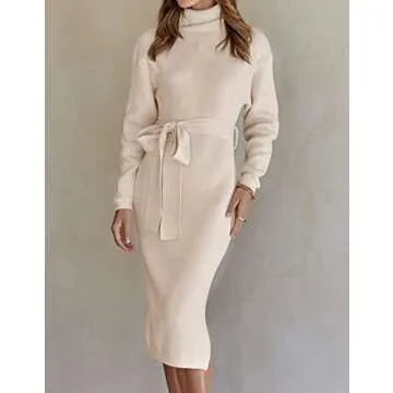 ZESICA Women's Turtleneck Sweater Midi Dress Long Sleeve Ribbed Knit Bodycon Slit Dress with Belt,Apricot,Small