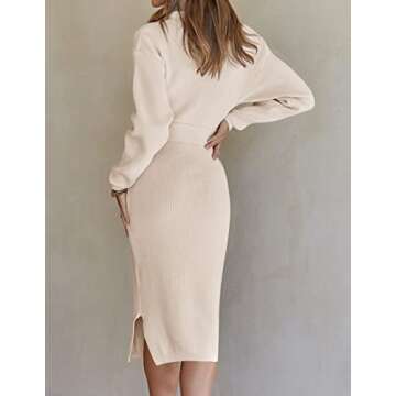 ZESICA Women's Turtleneck Sweater Midi Dress Long Sleeve Ribbed Knit Bodycon Slit Dress with Belt,Apricot,Small