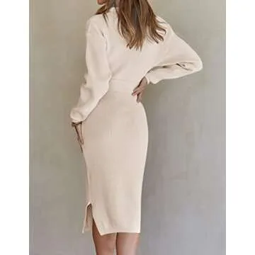 ZESICA Women's Turtleneck Sweater Midi Dress Long Sleeve Ribbed Knit Bodycon Slit Dress with Belt,Apricot,Small