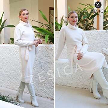 ZESICA Women's Turtleneck Sweater Midi Dress Long Sleeve Ribbed Knit Bodycon Slit Dress with Belt,Apricot,Small
