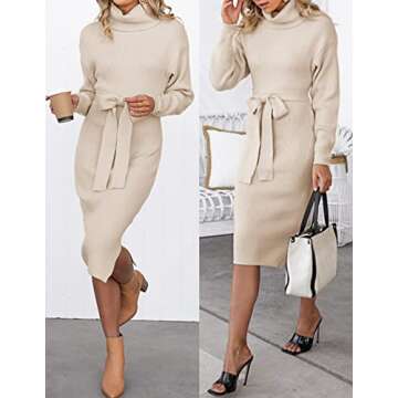 ZESICA Women's Turtleneck Sweater Midi Dress Long Sleeve Ribbed Knit Bodycon Slit Dress with Belt,Apricot,Small