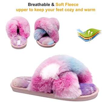 JIASUQI Cross Band Indoor House Slippers for Women Soft Plush Furry Cozy Fur House Shoes Outdoor Warm Slippers for Winter Spring Colorful 10-11
