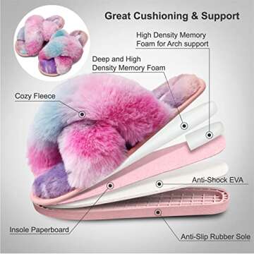 JIASUQI Cross Band Indoor House Slippers for Women Soft Plush Furry Cozy Fur House Shoes Outdoor Warm Slippers for Winter Spring Colorful 10-11