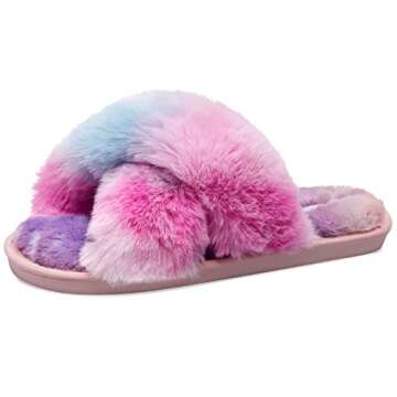 JIASUQI Cross Band Indoor House Slippers for Women Soft Plush Furry Cozy Fur House Shoes Outdoor Warm Slippers for Winter Spring Colorful 10-11