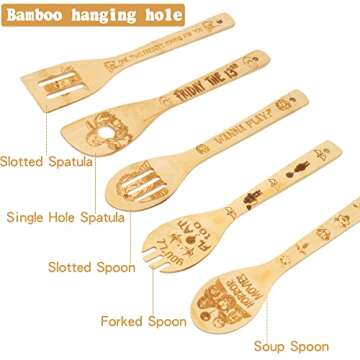 5P Halloween Horror Classic Movie Character Bamboo Spoons Utensil Gift Set for Cooking, Movie Character Engraved Patterns for Kitchen Cooking Lovers Cookware Kitchen Gifts for Housewarming or Birthday