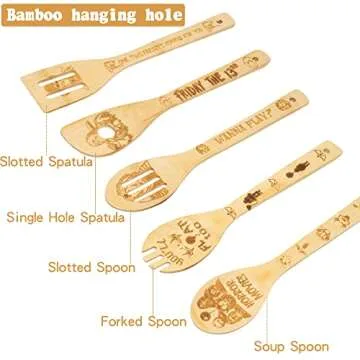 5P Halloween Horror Classic Movie Character Bamboo Spoons Utensil Gift Set for Cooking, Movie Character Engraved Patterns for Kitchen Cooking Lovers Cookware Kitchen Gifts for Housewarming or Birthday
