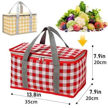 Insulated Picnic Bag Reusable,Beach Bag Cooler Bags, Cooler Bags with Zippered Top - Insulated Bag for Hot or Cold,Picnic,Beach,Food Delivery, Outdoor (13.8x7.9x7.9 in) (Red)