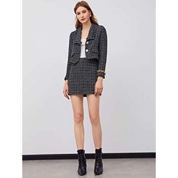 SweatyRocks Women's Business Suit 2 Pieces Tweed Blazer Jacket Coat and Skirt Set
