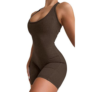 VNVNE Women Bodycon Short Romper, One Piece Short Sexy Backless Sleeveless Top Catsuit Jumpsuit (Coffee, S, s)