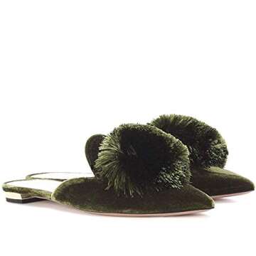 Divanne Mules for Women, Puff Pompom-Embellished Slip On Loafers Backless Pointed Toe Satin Mule Sli...